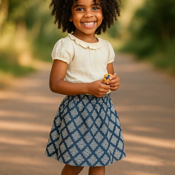 Peek Girls Skirt Size 10 Extra Large XL Blue Cream Chambray Elastic Waist - Picture 1 of 6